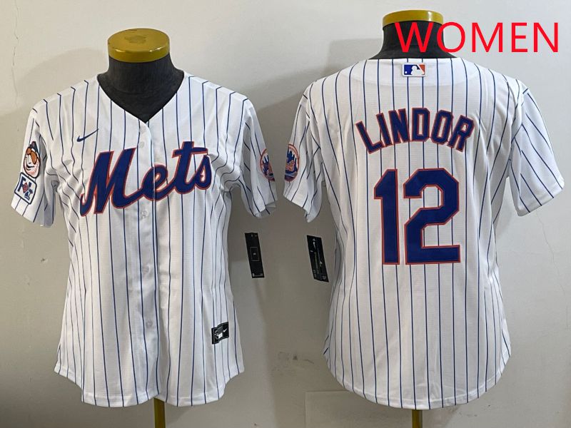 Women New York Mets #12 Lindor White Stirpe Game Fashion 2025 Nike MLB Jersey style 1
